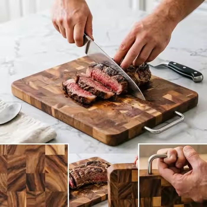 Acacia Wood Cutting Board, Checkerboard End Grain Butcher Block, Thick Reversible Wooden Chopping Board with Metal Handle
