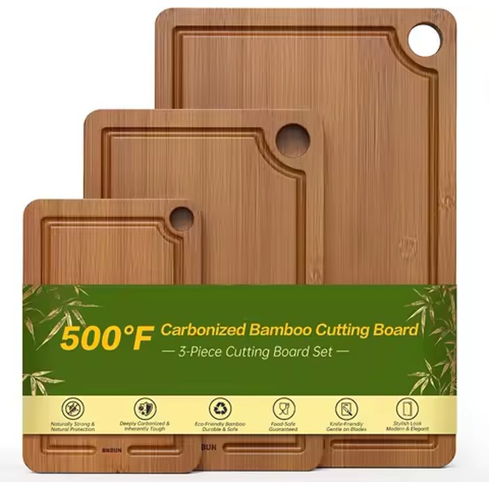 Bamboo Cutting Board for Kitchen, 3-Piece Set with Juice Grooves, Side Handles & Non-Slip Mats – Durable Bamboo Chopping Board for Meat, Vegetables and Fruits