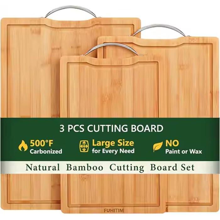 Bamboo Cutting Board Set for Kitchen with Double Sided Deep Juice Grooves & Easy Hang Handle, Chopping Board for Meat Vegetables