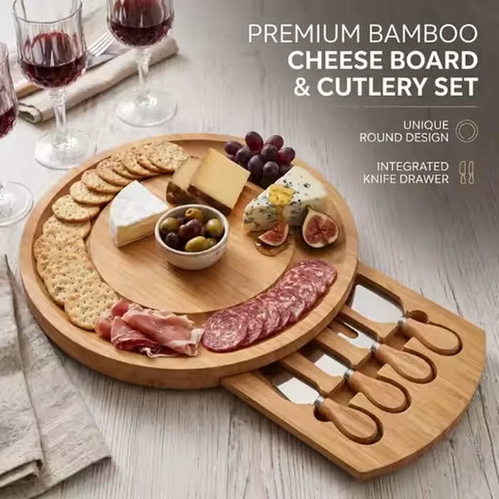 Round Bamboo Cheese Cutting Board Set with Knife Drawer for Pizza Bread Vegetable and Appetizer Serving