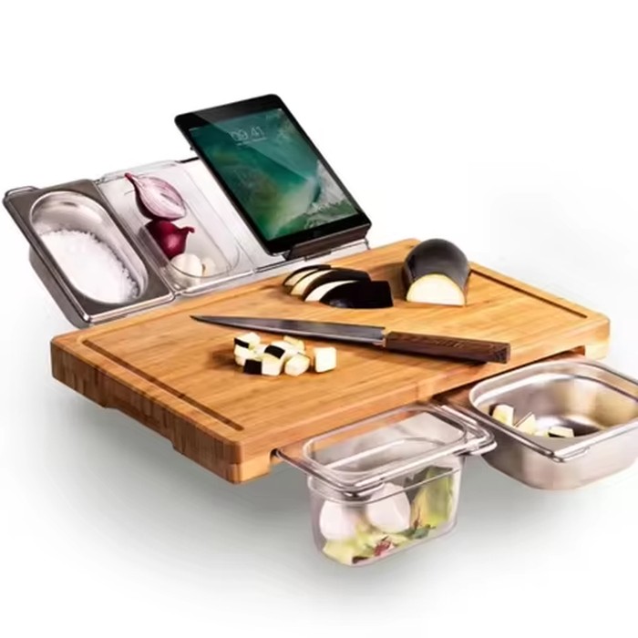 2025 Expandable Bamboo Cutting Board Set with Trays and Box for Kitchen Juice Trough Cutting Board Tools Storing Chopped Food