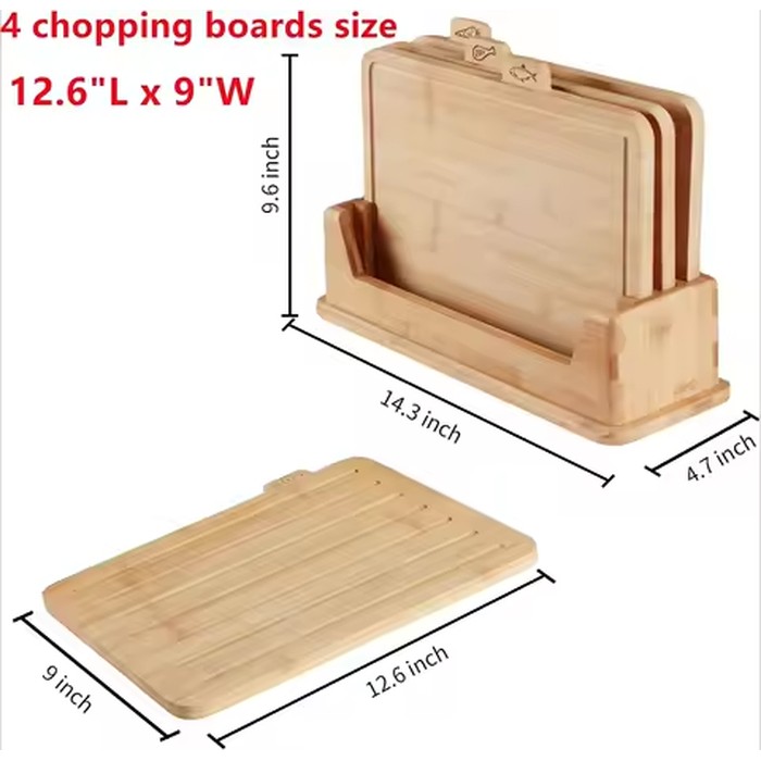 12.6"L X 9"W Bamboo Cutting Board Set Of 4 - Wood Cutting Board Set With Holder, Chopping Boards Set With Food Icons