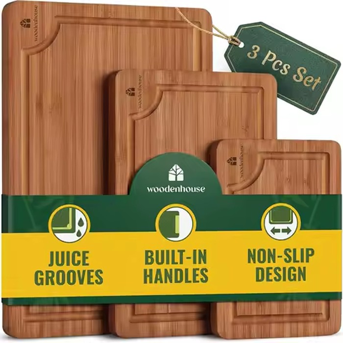 Bamboo Cutting Board Set of 3 with Juice Grooves for Kitchen, Large Chopping Boards for Meat, Vegetables, and Fruits