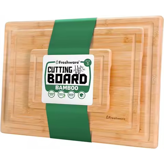 Bamboo Cutting Board Set of 3 with Juice Grooves for Kitchen, Chopping Boards for Meat and Veggie, Easy Grip Handle (9x6, 12x8