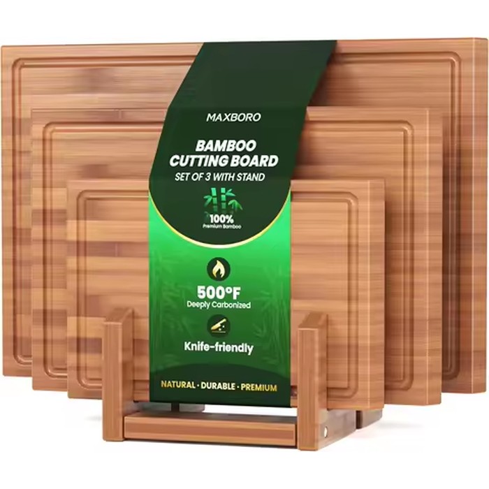Bamboo Cutting Board Set with Stand, 3PCS Double-Sided Chopping Boards for Kitchen Meal Prep & Serving, Charcuterie