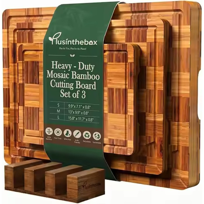 Checkered Cutting Board Set with Holder, Set of 3 Heavy Duty End Grain Butcher Block Boards for Kitchen, Bamboo Chopping Boards with Juice Grooves and Handles for Meat, Vegetables and Meal Prep