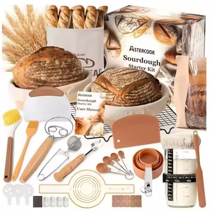 Complete Sourdough Starter Kit 2Pcs Round Banneton Baskets Dough Scoring Lame Silicone Baking Mat Measuring Spoons Bread Baking