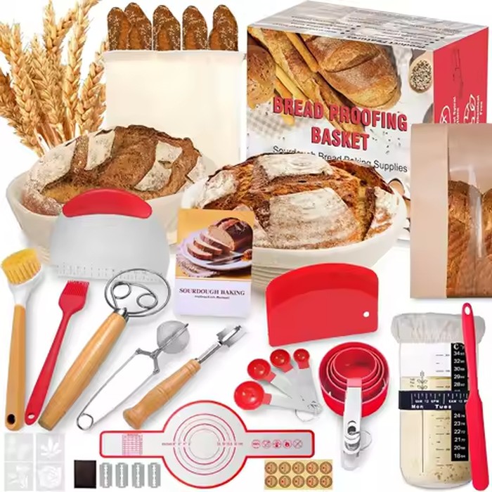 Complete Sourdough Bread Baking Kit Bread Proofing Basket Set with Dough Scraper Whisk Measuring Tools Silicone Baking Mat Banne