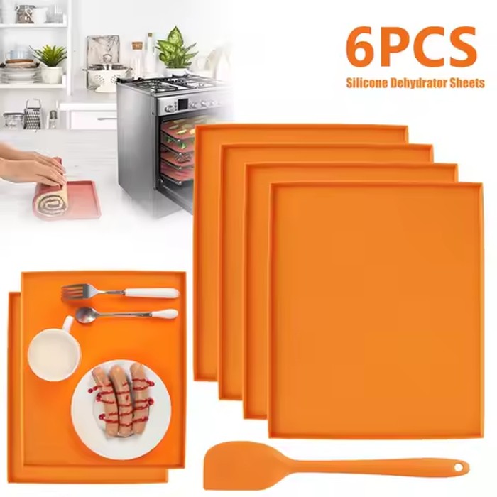 6PCS Silicone Dehydrator Sheets Dehydrator Mats with Edge Non-stick Baking Tray for Fruits Meat Vegetables Kitchen Accessories