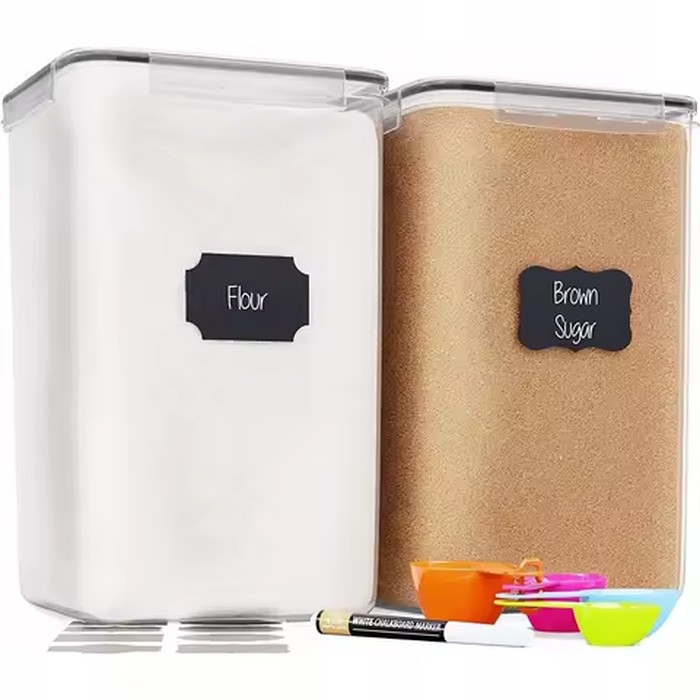 Extra Large Flour And Sugar Storage Containers Set Of 2 Modern Clear Plastic Bulk Airtight Food Containers Airtight Lids Chalkboard Labels Chalk Marker Measuring Cups For Kitchen Pantry Housewarming Gift
