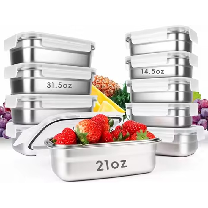 10PCS 304 Stainless Steel Food Storage Containers with Airtight Leakproof Lids, Stackable Bento Lunch Box for Meal Prep, Reusable Metal Containers, Oven/Dishwasher/Freezer Safe(31.5/21/14 Oz)