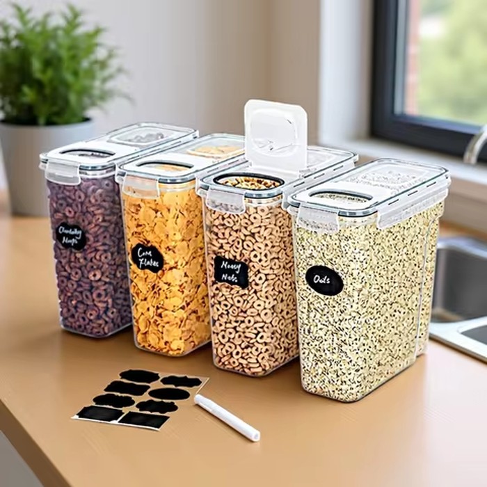 4L Cereal Storage Containers with Lids 1/2/4pcs Airtight Food Moistureproof Tank with Label Stickers Kitchen Organization Box