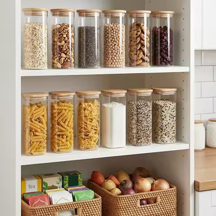 Glass Food Storage Containers Modern Nordic Kitchen Storage Canister Clear Glass With Bamboo Lid 6Pcs Set 1L 34oz Airtight Leakproof For Kitchen Pantry Organization Flour Pasta Coffee