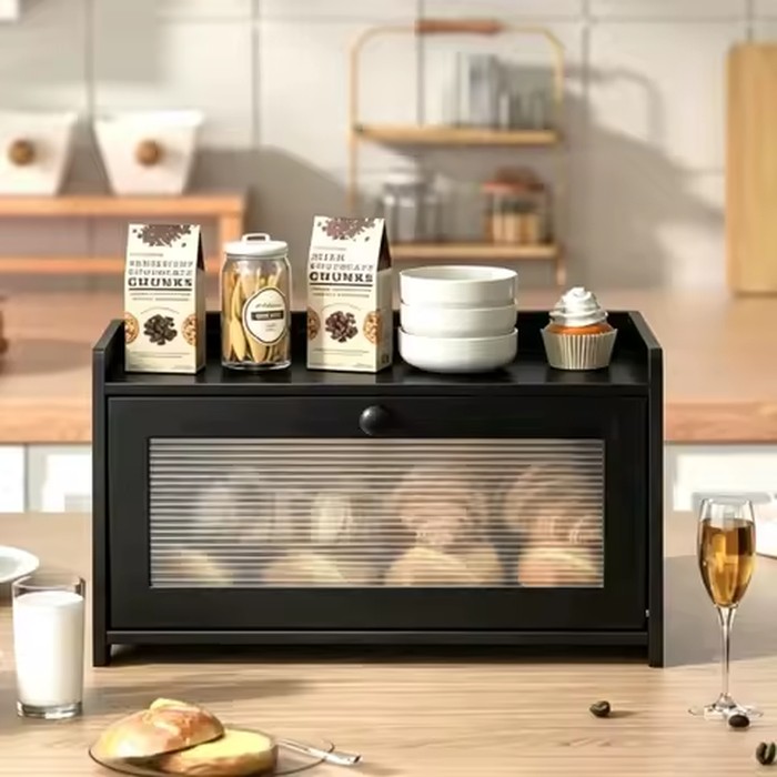 Large Capacity Black Bamboo Wood Bread Box with Wavy Acrylic Window Door Farmhouse Kitchen Countertop Food Storage Bin Organizer Top Platform for kitchen Storage