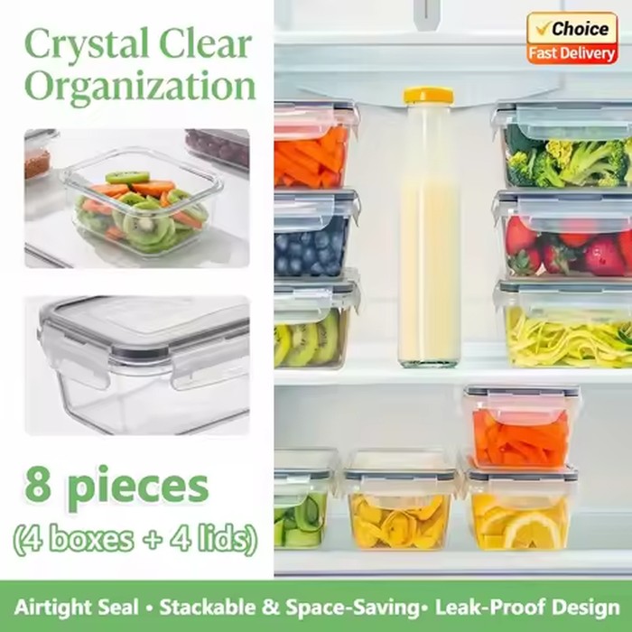 8PCS Airtight Food Containers with Locks BPA Free Microwave Freezer Safe PP Storage for Dry Goods Fruit Vegetables