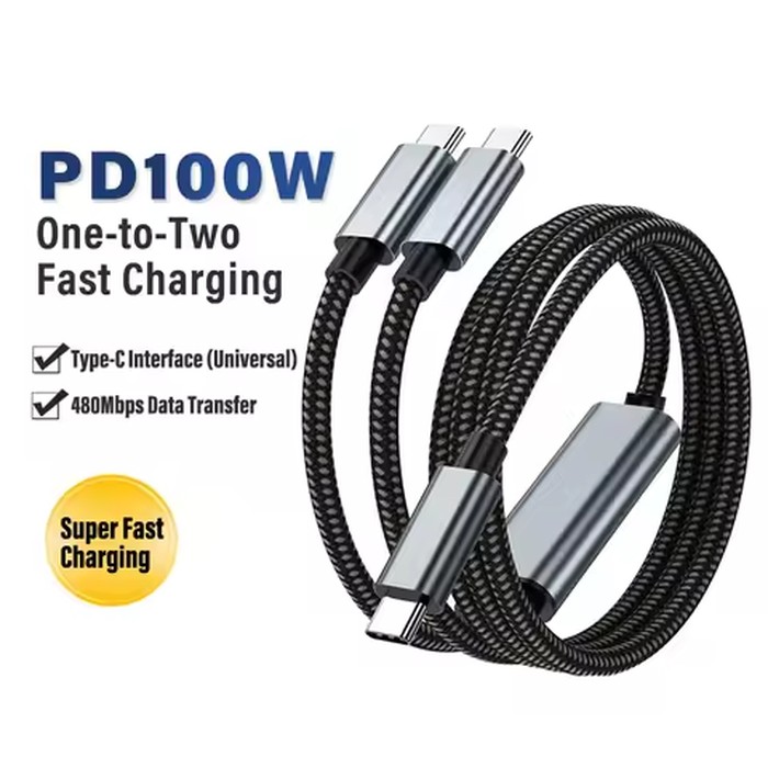 2 in 1 Nylon 100W USB C To 2 Type C Super Fast Charging Data Type C Cable For iphone 17 16 15 Pro Max Samsung S26 S25 Xiaomi