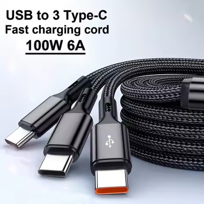 3 In 1 USB-Type C 100W Fast Charging USB A-3Type-C Data Cable For Samsung S24 Xiaomi Huawei Android USB C Data Transfer Cord