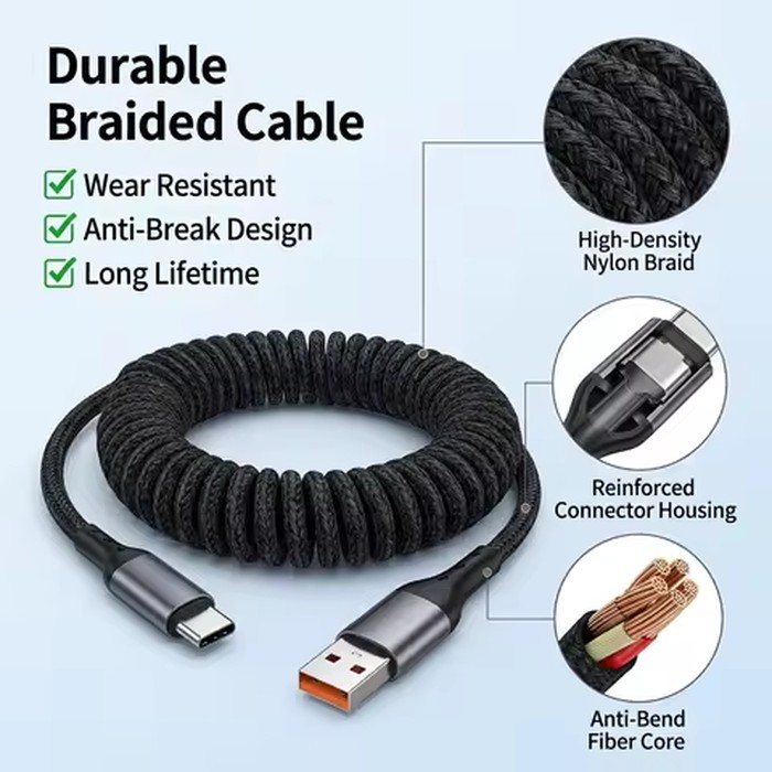 100W Fast Charging USB A Type C Spring Cable Retractable Car Charger Cable Nylon Braided Data Cord for iPhone Samsung Xiaomi