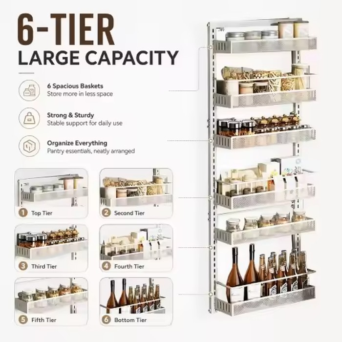 6PCS/set Over The Door Storage Organizer Space Saving Metal Seasoning Racks Kitchen Cabinet Door Spice Jar Organizer Removable for Kitchen, Bathroom, and Bedroom.