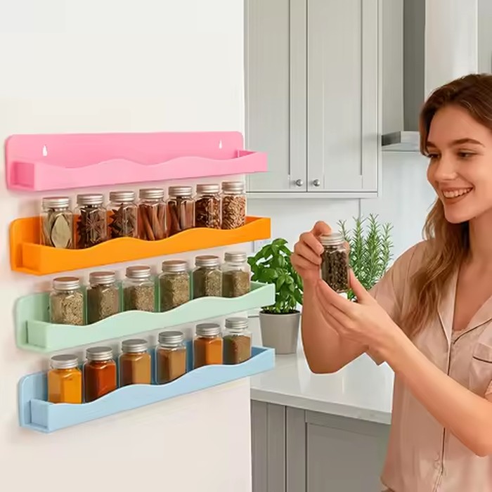 Colorful Plastic Wall Mounted Spice Rack No Drilling Kitchen Storage Organizer Shelf for Spices Jars And Condiments