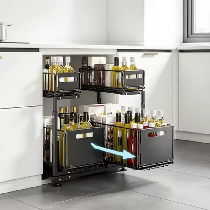 2 Tier Pull Out Cabinet Organizer Adjustable Under Sink Storage Rack Slide Out Drawer Kitchen Spice Jar Storage Shelf