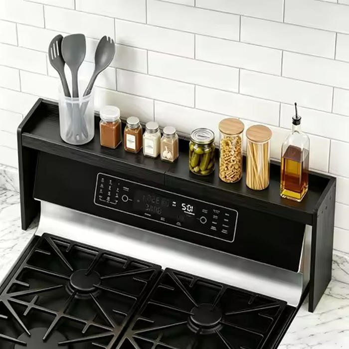Over The Stove Spice Rack Shelf Modern Black Bamboo Over Stove Top Shelf Organizer 31.5 Inch Kitchen Spice Bottle Storage Rack Stand For Over Oven Back Of Sink Countertop Organization Housewarming Gift