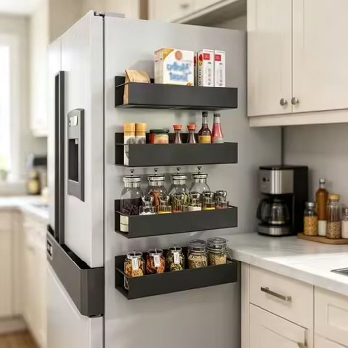 Magnetic Fridge Side Shelf for Spice Storage - Black Iron Space Saving Organizer, Refrigerator Side Rack for Kitchen