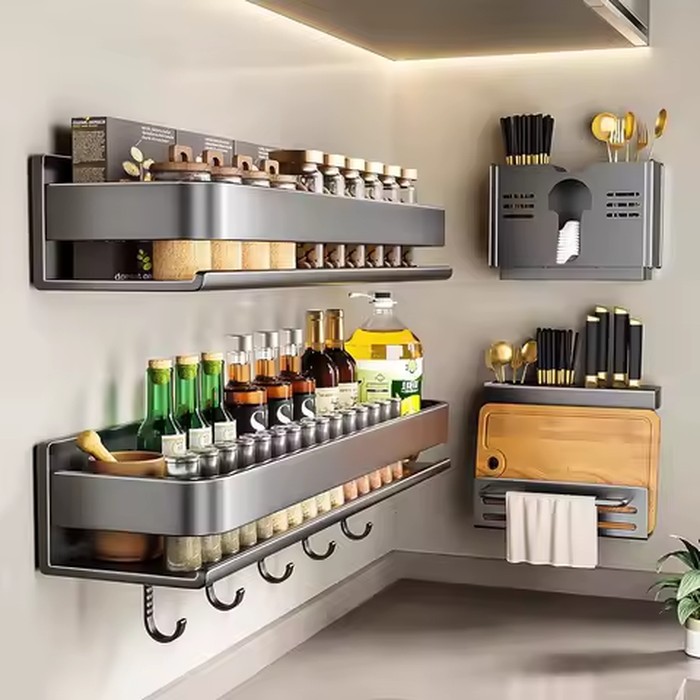 Light Luxury Kitchen Storage Rack Seasoning Rack Carbon Steel No Drill Wall Mounted Spice Rack For Home Wall Organizer Shelf