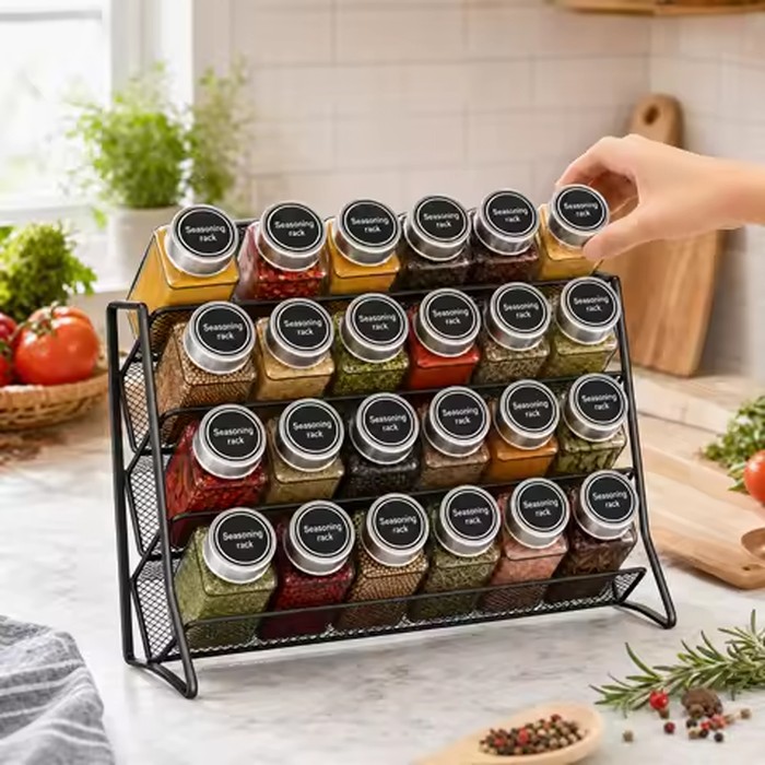 4-Layer Kitchen Cabinet Storage Rack Carbon Steel Wall-Mounted Spice Jar Storage Rack Non-slip Desktop Wall-Mounted Dual-Purpose