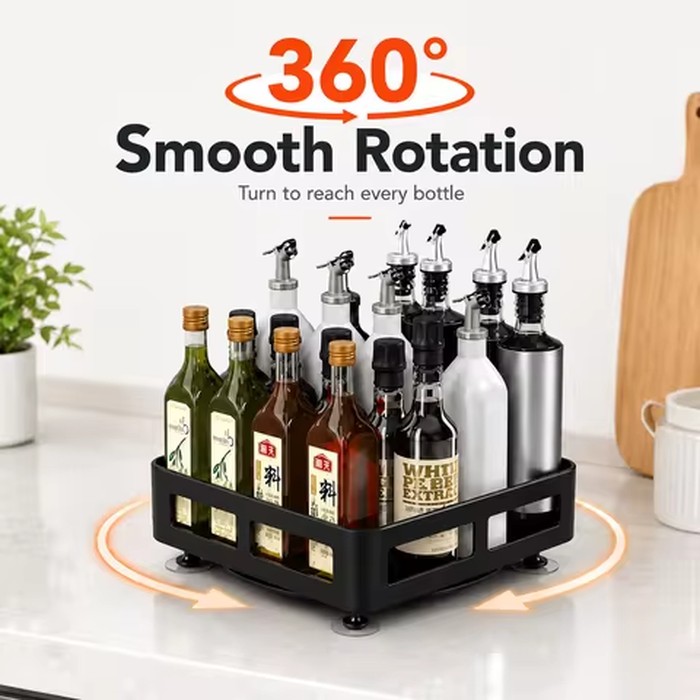 Rotating Spice Rack Kitchen Countertop Organizer Seasoning Storage Tray Single Layer Square Bottle Holder for Oil Condiments