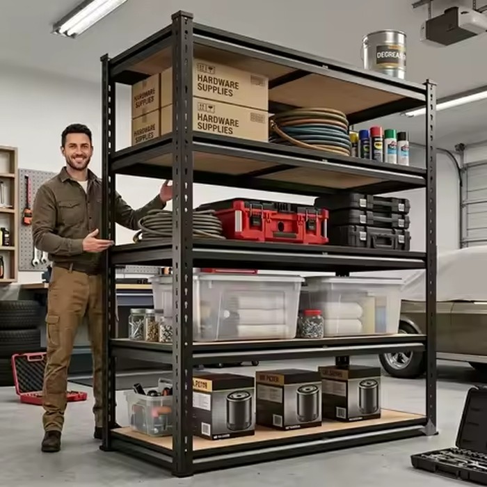 Heavy Duty Metal Storage Rack 5 Tier Adjustable Utility Shelving Unit with MDF Board Garage Organizer Tool Shelf for Basement Warehouse Kitchen Pantry Closet Multi-Purpose Storage Display Rack