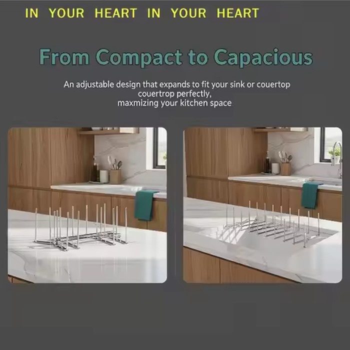 【X】Stainless Steel Dish Rack Adjustable Foldable Kitchen Drainer Utensil Holder with Cup Holder for Mug Glass Storage