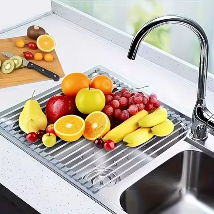 Rollable Foldable Stainless Steel Sink Drying Rack Kitchen Multifunctional Dish Drainer For Vegetable Fruit Storage