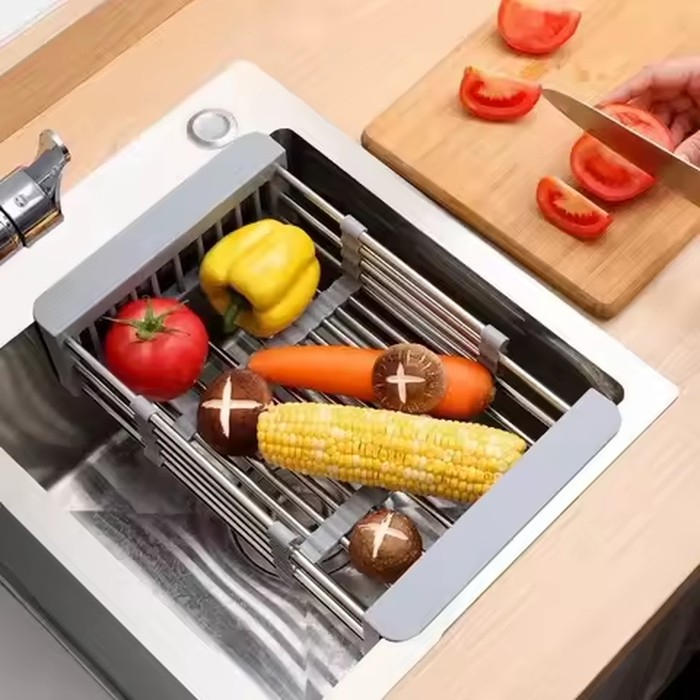 Extendable Stainless Steel Sink Drying Rack Adjustable Kitchen Dish Drain Basket Foldable for Fruit Tableware Storage Organizer