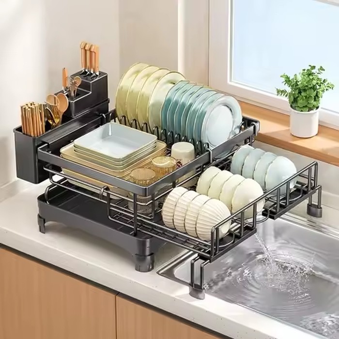 Expandable Dish Drying Rack Over Sink Foldable Kitchen Drainer Rack Plate Bowl Cutlery Holder Storage Organizer
