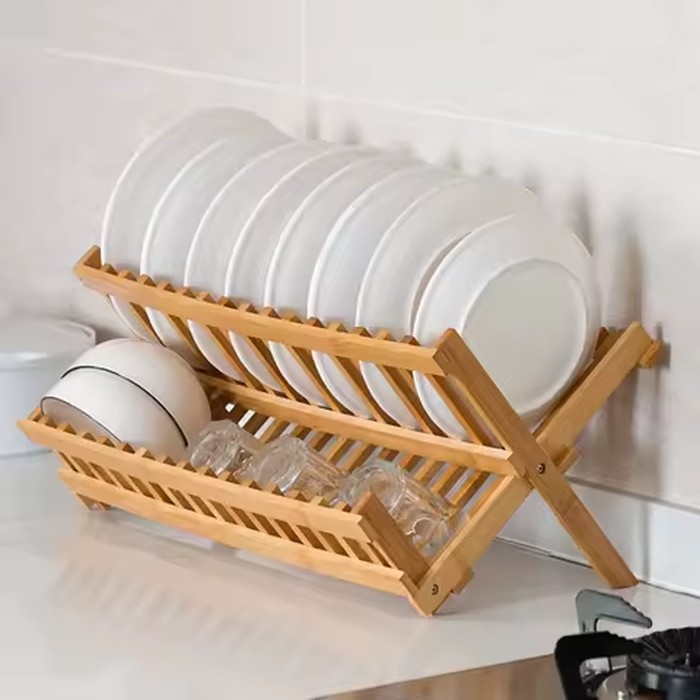 2-Tier Bamboo Dish Drying Rack Collapsible Wooden Utensil Holder Folding Dish Drainer for Kitchen Counter