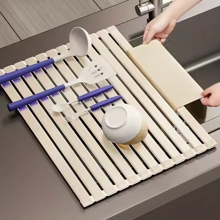 Foldable Heavy Duty Roll-Up Dish Drainer - Space Saving Adjustable Height Heat Resistant and Detachable Sink Storage Rack Withr