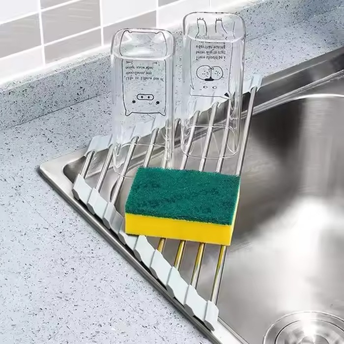 2026 New Roll Up Triangle Dish Drying Rack Corner Over the Sink Foldable Sponge Rag Holder Stainless Steel Drainer