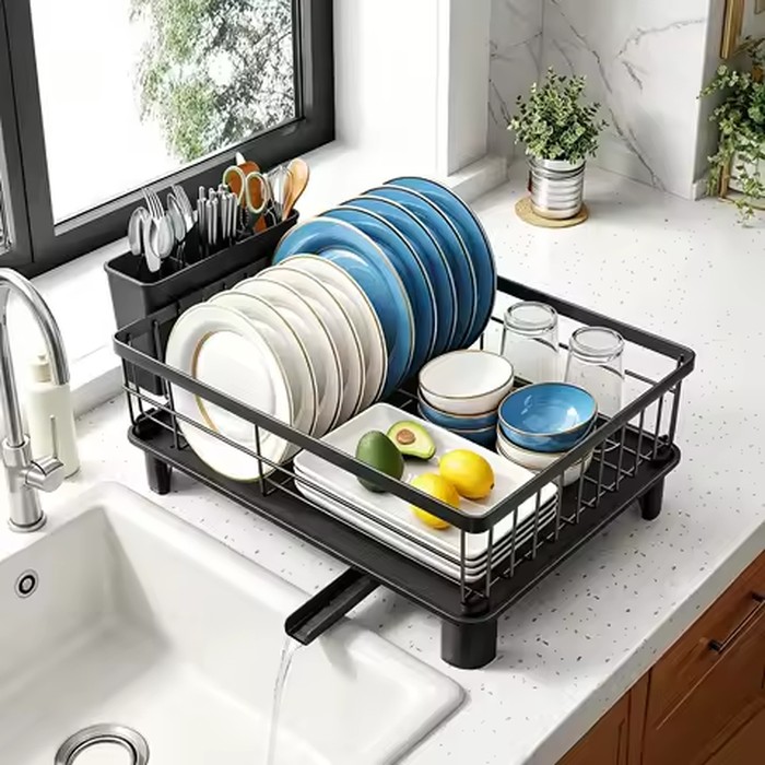 Compact Stainless Steel Dish Drying Rack Space Saving Plate Drainer with Utensil Holder Drainboard Kitchen Countertop Organizer Rustproof Storage Shelf for Small Kitchen Apartment RV 11x15 Inch