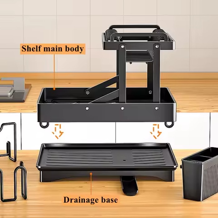 2 Tier Expandable Dish Drying Rack Over Sink Kitchen Counter Drainer With Drainboard Rust Resistant Utensil Cup Holder Set Black