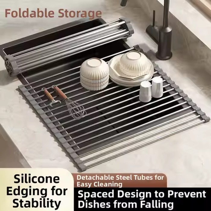 Rustproof Sink Drain Rack Space Saving Easy Clean Dish Drainer Foldable Multi-Functional Roll Up Dish Rack Over Sink
