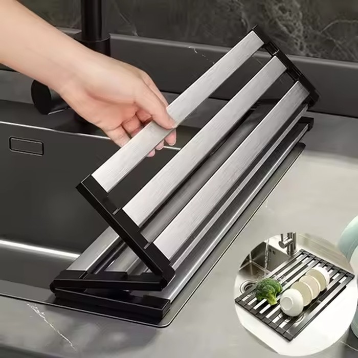 Foldable 304 Stainless Steel Kitchen Sink Drain Rack Dish Drainer Sink Bowl and Dish Storage Drying Storage Shelf