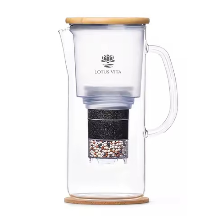 Glass Water Filter Pitcher 10 Cups Total Removes Impurities Adds Minerals BPA Free Bamboo Design Improves Water Quality Taste Dr