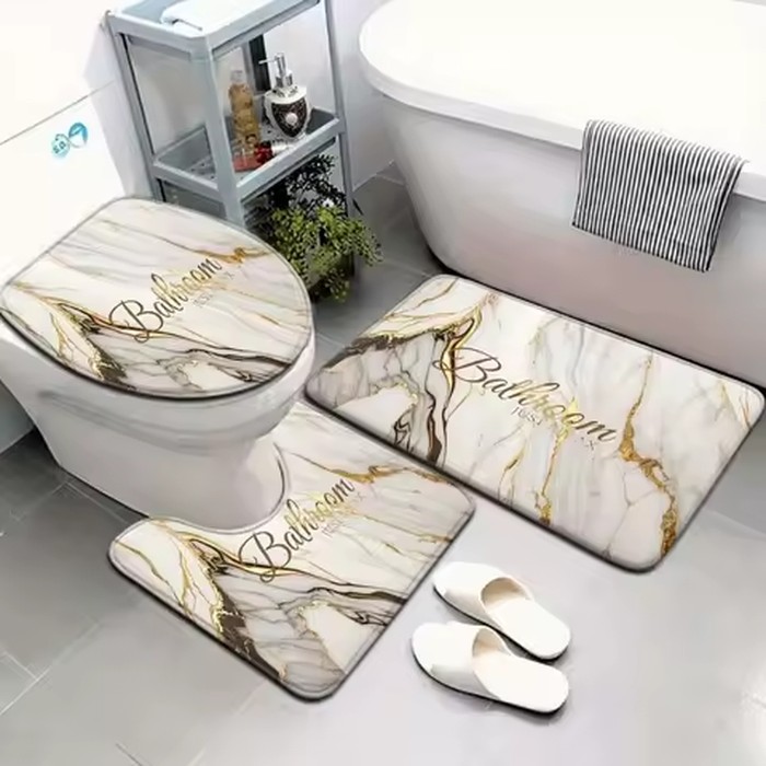 VIKAMA Modern Marble 3-in-1 Bathroom Mat Set Strong Water Absorption Anti slip Bathroom Carpet Bathroom Home Decoration