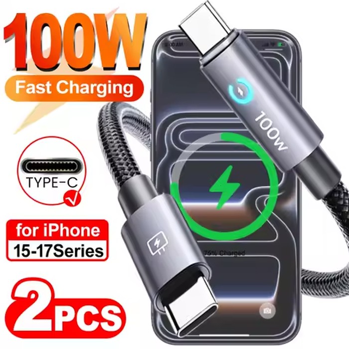 100W Type-C To Type-C Fast Charging Data Cable Braided Wire Cord for IPhone 17 16 15 Samsung Xiaomi USB‑C To C Charging Cables