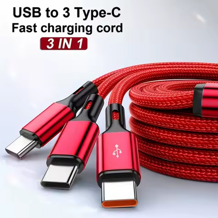 100W 3 in 1 Fast Charging Data Cable USB to 3 Type C Quick Charge 3.0 Data Cord Portable Travel Office USB C Nylon Braided Line