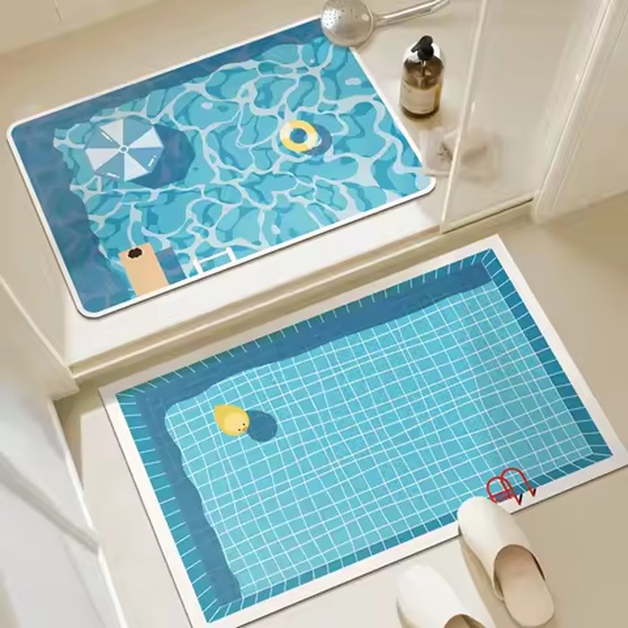 Rubber Bathroom Anti-Slip Floor Mat, Water-Absorbing and Quick-Drying Floor Mat, Cartoon-Style Swimming Pool Print Floor Mat