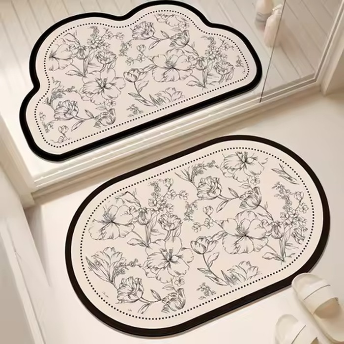 Rubber Material Super Anti-Slip Bathroom Mat, Quick-Absorbing and Quick-Drying Floor Mat, French Black and White Printed Mat