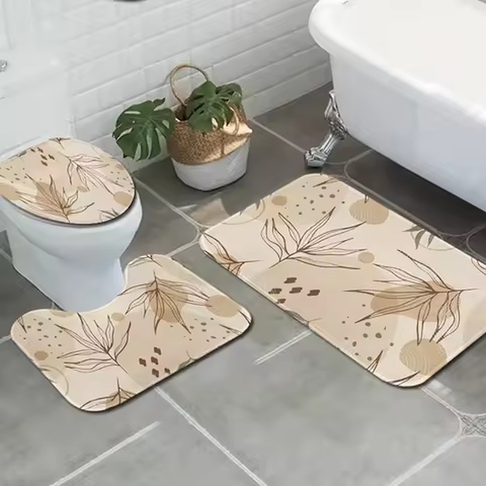 Autumn Leaf 3pc Bath Set – Beige Fall Pattern, Non-Slip Toilet Cover & Floor Mat, Polyester Bathroom Decor for Seasonal Home