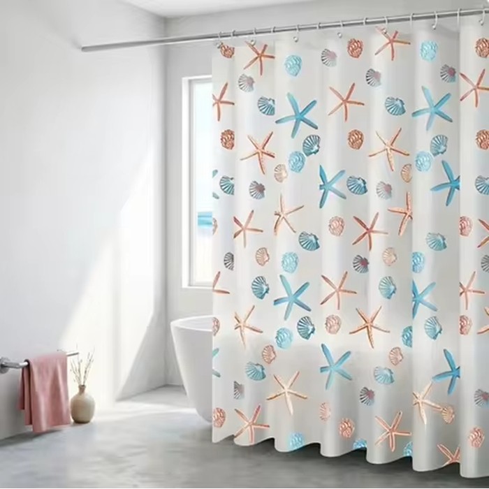 Starfish Seashell Plastic Shower Curtain Liner - Waterproof Bathroom Curtain for Bathtubs, Mildew Resistant Bath Curtain
